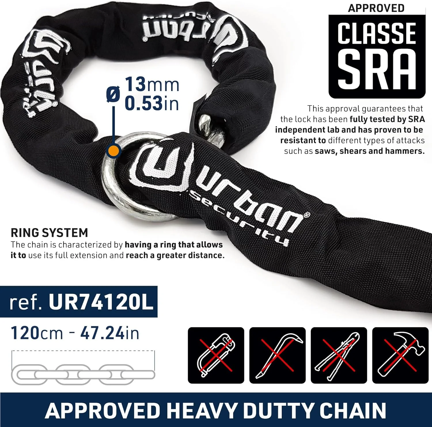 Urban Security UR74120L 120cm Motorcycle Loop Chain + Lock - Security Level 19 - Image 3