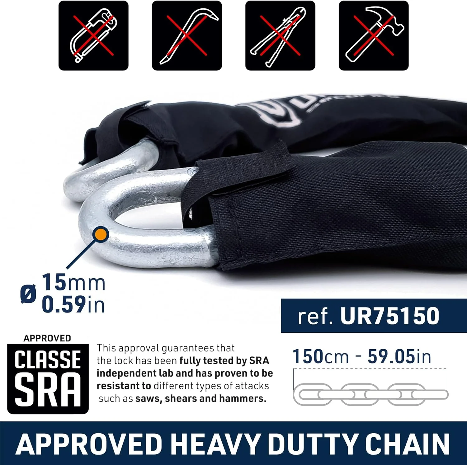 Urban Security UR75150 150cm Motorcycle Chain + Lock - Security Level 20 - Image 3