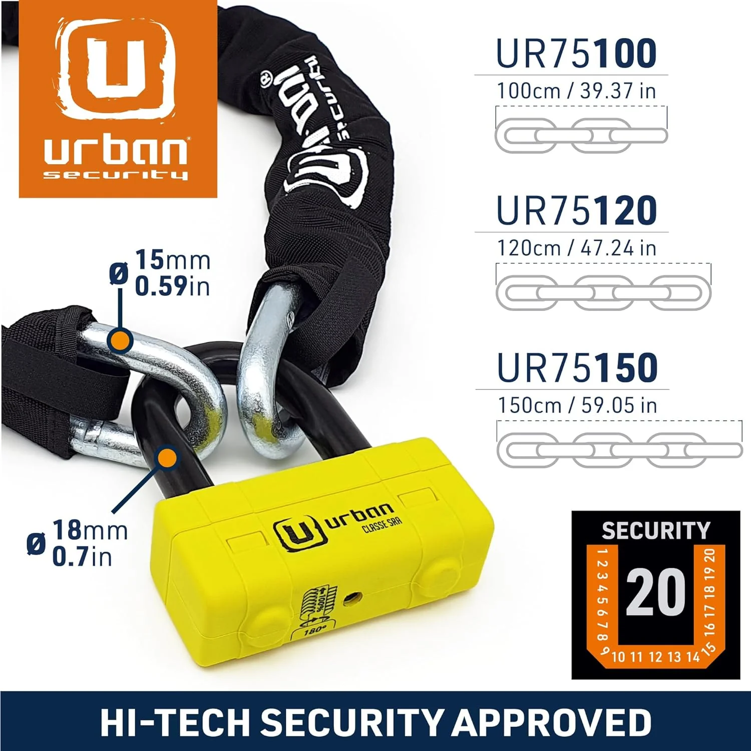 Urban Security UR75150 150cm Motorcycle Chain + Lock - Security Level 20 - Image 7